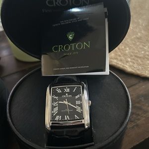 Black Croton watch 3 ATM water resistant steel case w genuine leather strap.
